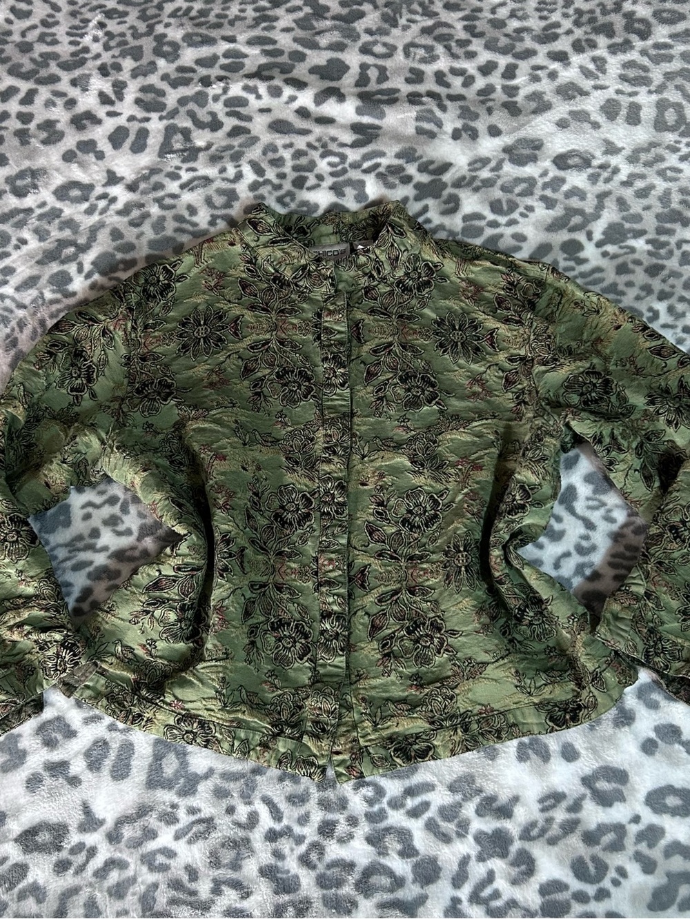 Chico's Olive Green Silk, Linen Blend Floral Bomber Jacket